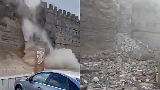 Věž středověkého hradu se zřítila na parkoviště, lidé utíkali před kameny